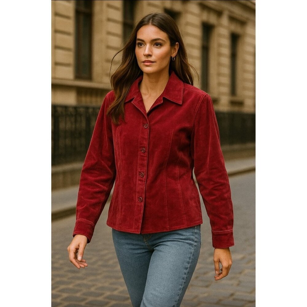Ashley Stewart Real Leather Jacket Women’s Size 14 Red Suede Button Front Coat